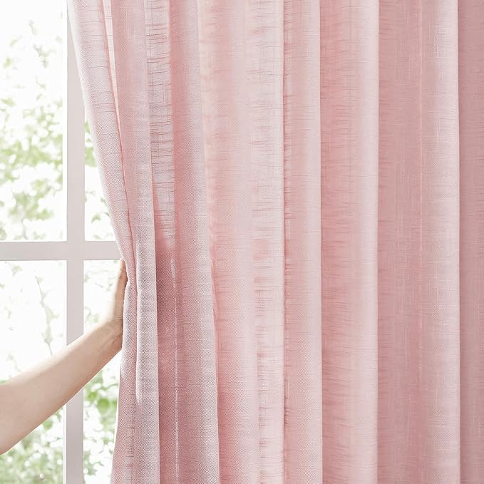FMFUNCTEX Pink Sliding Door Curtains 84" Living Room Linen Semi Sheer Curtains 100" Width Extra Wide Room Divider Bedroom Drapes Linen Textured Semi Sheer Window Panels Blush Pink Rod Pocket 1 Panel