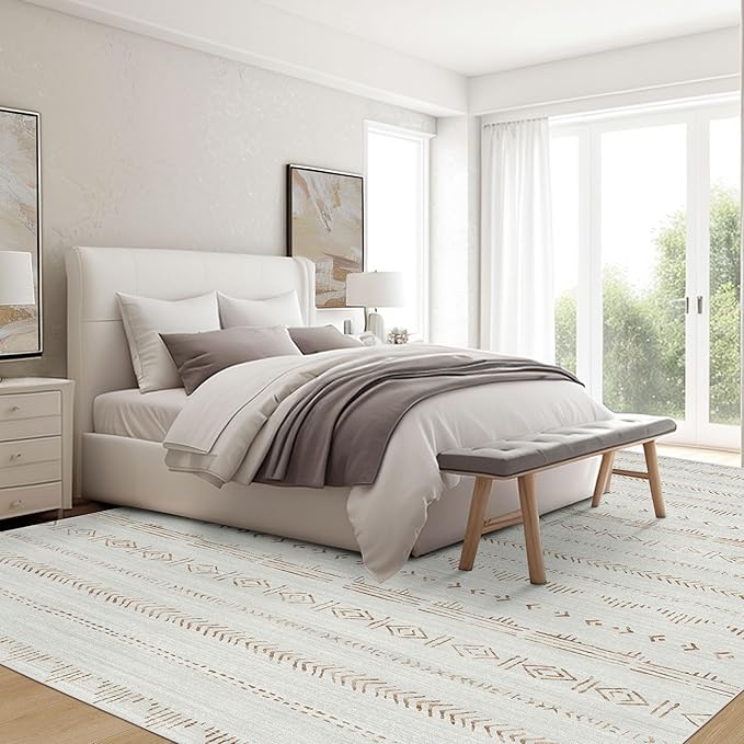 Deerly 5x7 Living Room Rug, Moroccan Boho Machine Washable Rugs 5x7 Area Rug with Non-Slip Backing, Soft Low Pile Indoor Floor Carpet Neutral Rug for Bedroom Dining Room, Light Brown