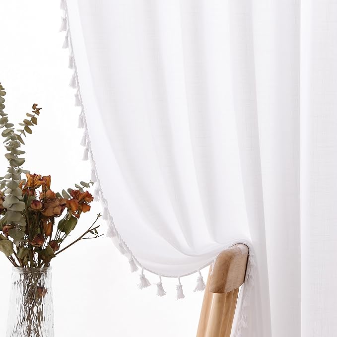 White Linen Boho Curtains 2 Panels 84 Inches Long Semi Sheer Privacy Curtains Tassel Back Tab Top Light Filtering Neutral Farmhouse Curtain for Living Room Bedroom 52x84