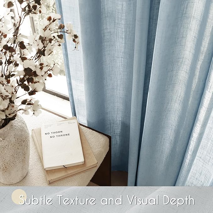 Dusty Blue Linen Curtains for Living Room Back Tab Light Filtering Semi Sheer Light Blue Bedroom Curtain Linen Cotton Textured Grey Blue Drapery Panel Airy Modern Farmhouse Aesthetic Decor 52x102 Long