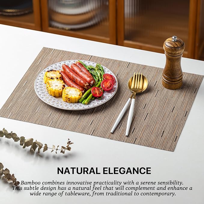 LEXMORE PVC Woven Placemats 4 PCS Wipeable Indoor/Outdoor Table Mats Washable Vinyl Place Mats for Dining Table, Set of 4-Light Brown