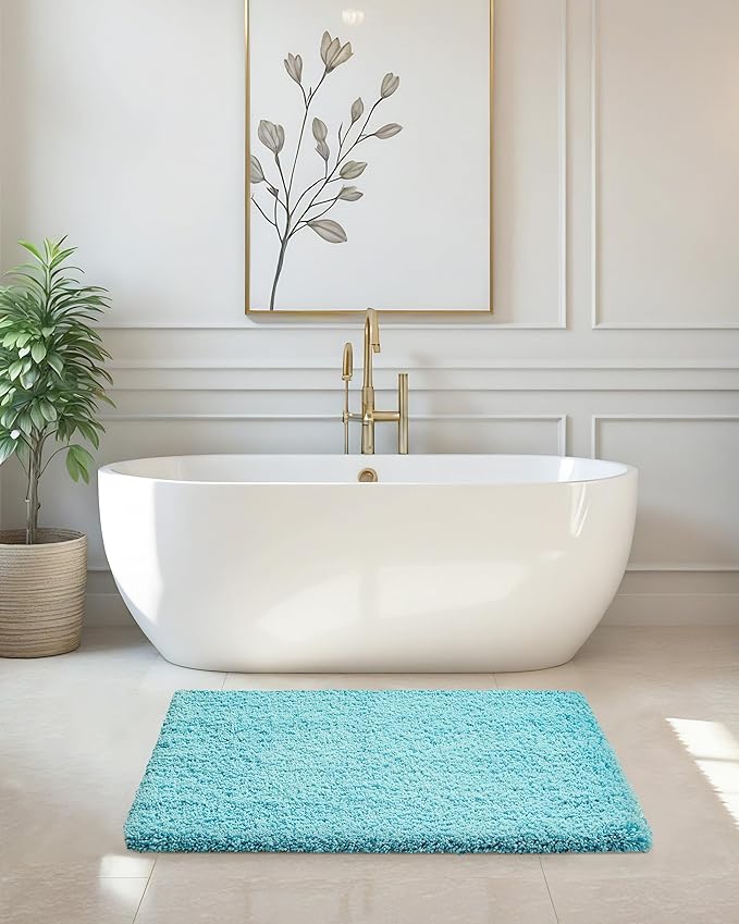 ILANGO Teal Bathroom Rugs 32" × 20" Non Slip & Super Absorbent Extra Thick Soft, Washable Bath Mat for Floor, Microfiber Plush Shaggy Bath Rug with Rubber for Bathtub Shower Room Sink