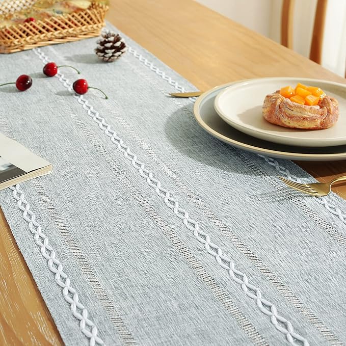 Chassic Rustic Farmhouse Style Linen Table Runner, Boho Handmade Tassel Hemstitched Table Runners 108 Inches Long for Holiday Party, Dresser and Dining Decorations, 13 x 108 inch - Light Grey