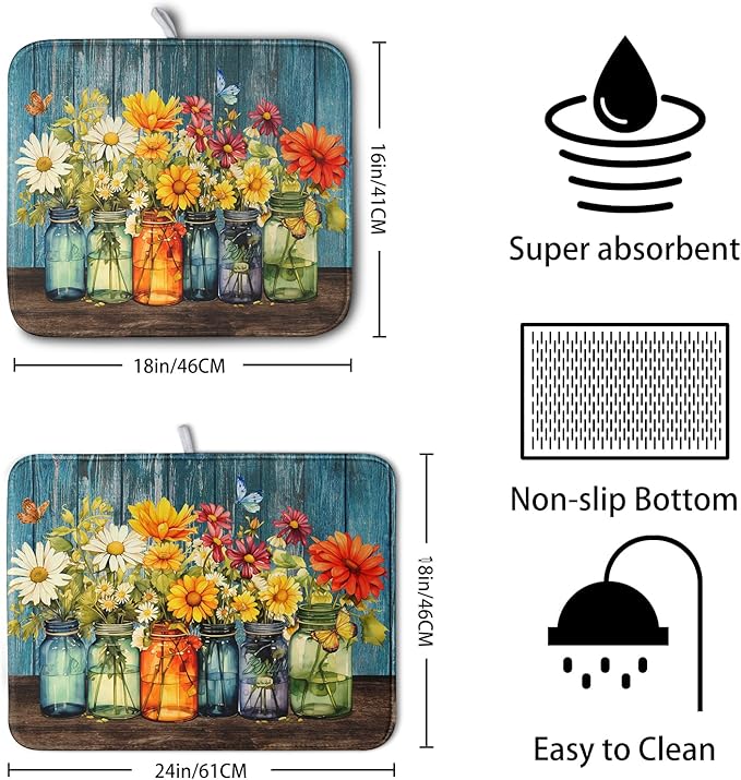 Daisy Dish Drying Mat for Kitchen Counter 18x24 Inch Rustic Vintage Flower Vases Drying Mats Microfiber Absorbent Dishes Drainer Mats Farmhouse Floral Wooden Board Dish Rack Pad