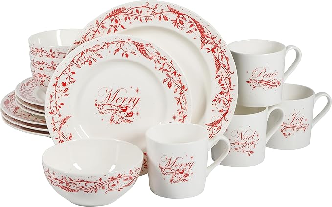 Martha Stewart Christmas Holiday Plates 16-Piece Porcelain Chip and Scratch Resistant Dinnerware Set