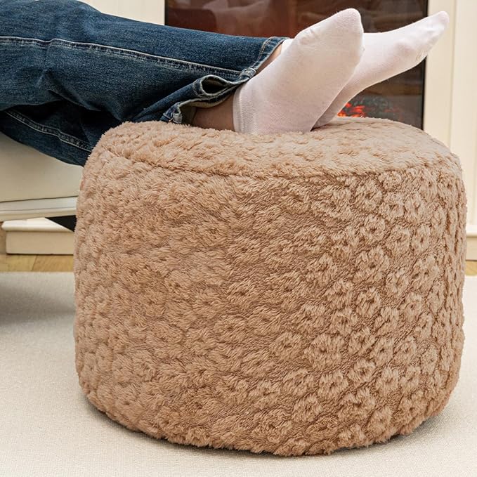 Round Plush Stuffed Ottoman Pouf - Ultra-Soft Furry Ottoman Foot Rest with High-Density Foam Filling, 20" x 14" Multi-Functional Floor Pouf for Living Room