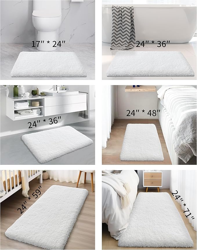 ILANGO 3 Piece Bathroom Rugs Bath Mat Set, Dries Quickly,Non Slip Fluffy Shaggy Bath Washable Mats with U-Shaped Toilet Rug Set for Bathroom,Tub,Toilet (White,17" x 24" + 24" x 36" + 22" x 24")