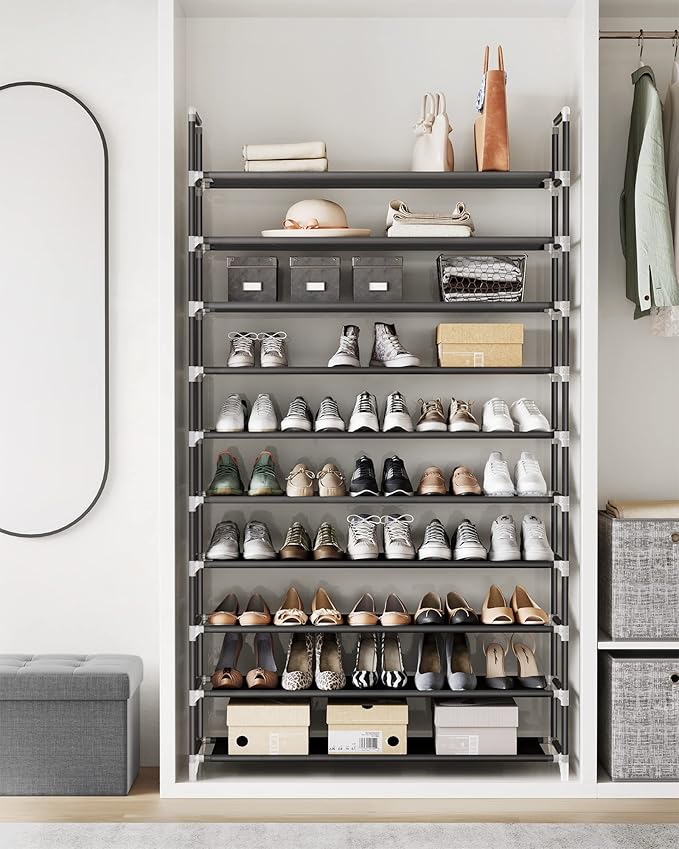SONGMICS 10-Tier Shoe Rack, Shoe Storage for Hallway Closet, Slim and Space-Saving, Metal Frame, Non-Woven Fabric Shelves, Black ULSH11H