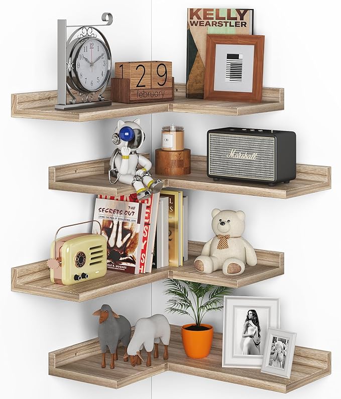4 Tier Floating Corner Shelves - Set of 4 Rustic Wooden Floating Corner Wall Shelf with Cord Hole, L Shaped Corner Shelf Wall Mount for Bedroom,Living Room,Bathroom,Kitchen,Carbonized Black