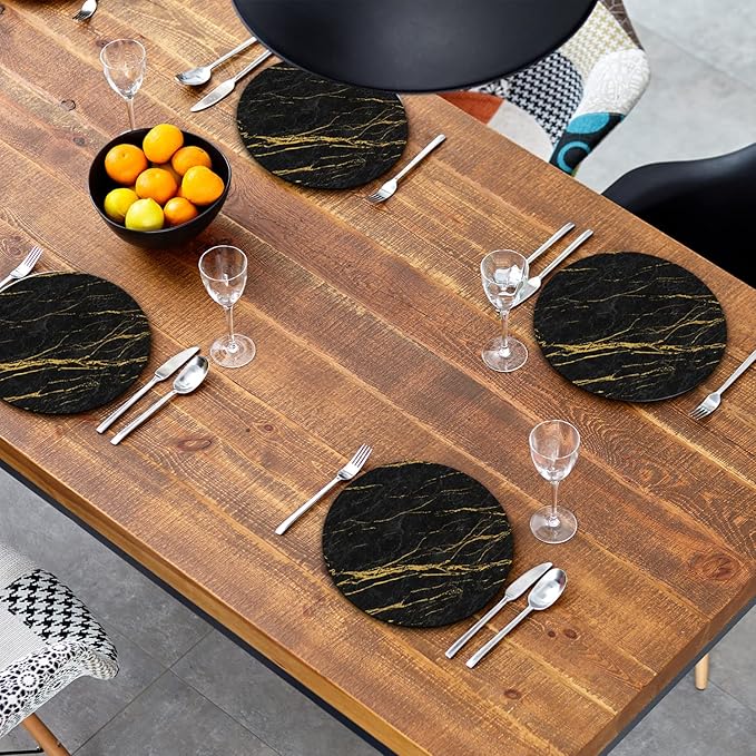 Round Leather Placemats Set of 4 PU Waterproof Non-Slip Washable Heat Resistant Place Mat for Kitchen Dining Table - Black Marble Gold Line