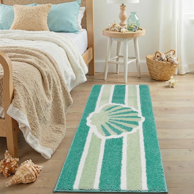 Green Beach Long Bathroom Rugs Non Slip Washable Cute Coastal Bath Mats Rugs for Bathroom Floor Nautical Fluffy Plush Soft Absorbent Farmhouse Carpet for Shower, Tub, 24x60 inch