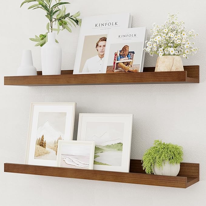 Picture Ledge Shelf, Solid Pine Wood Rustic Floating Shelves for Wall, 24 Inch Floating Shelves with Lip for Bedroom Kitchen Living Room Nursery Display Wall Decor, Set of 2 (Walnut)