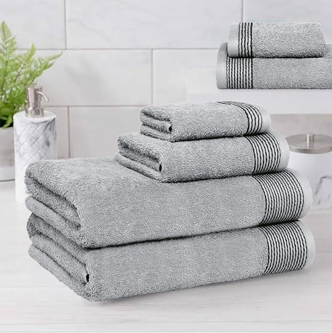 Belizzi Home 100% Cotton Ultra Soft 6 Pack Towel Set, Contains 2 Bath Towels 28x55 inchs, 2 Hand Towels 16x24 inchs & 2 Washcloths 12x12 inchs, Compact Lightweight & Highly Absorbant - Light Grey