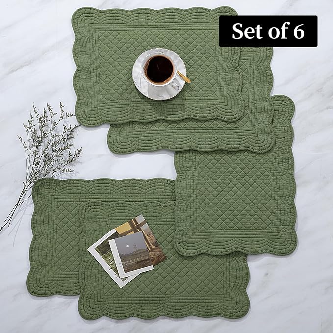 HOMBYS Quilted Placemats Set of 6 Washable-13x18 inches Rectangular Placemats for Kitchen Table-100% Cotton Fabric Rectangular Table Mats, (Emerald Green)