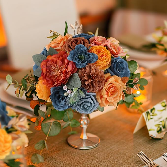 AmyHomie Teal Orange Artificial Flowers Combo Silk Mix Peony Rose Fake Flowers w/Stem for DIY Wedding Bouquets Centerpieces Arrangements Table Fall Decor Party Bridal Baby Shower Home Decorations
