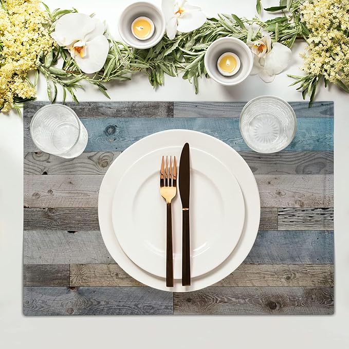 Giwawa Rustic Wood Grain Placemats Set of 4, Vintage Barn Wooden Linen Table Mat, Farmhouse Country Style Lodge Heat Resistant Washable Place Mats for Dining Kitchen Party Holiday Decor 12x18Inch