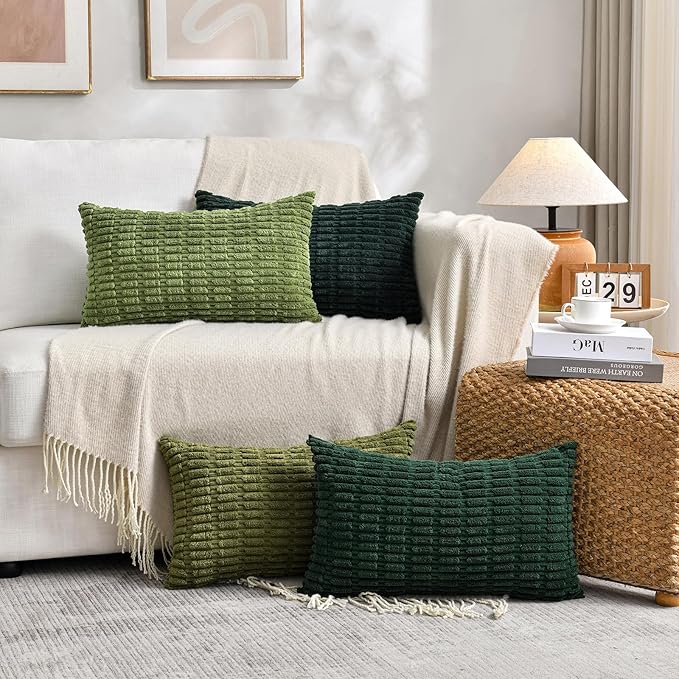 Fancy Homi Set of 4 Green Lumbar Rectangle Decorative Throw Pillow Covers 12x24 Inch for Couch Bed Chair, Aesthetic Boho Room Decor, Soft Fuzzy Thick Corduroy Textured Cushion Case 30x60cm