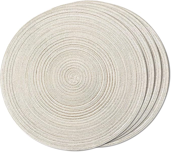 FunWheat Round Braided Placemats Set of 4 Place mats for Dining Tables Woven Heat Resistant Table Mats 15 inch (E Beige, 4pcs)
