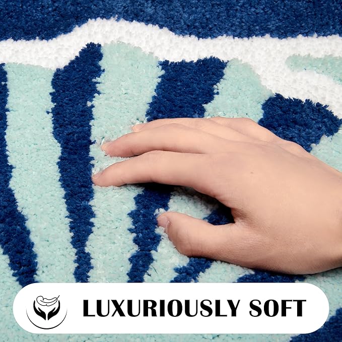 Navy Blue Beach Long Bathroom Rugs Runner Non Slip Washable Cute Coastal Bath Mats Rugs for Bathroom Floor Nautical Fluffy Plush Soft Absorbent Farmhouse Carpet for Shower, Tub, 20x47 inch