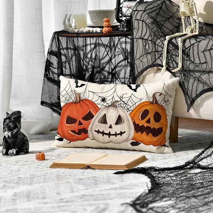 AVOIN colorlife Halloween Pumpkin Jack-O'-Lanterns Bat Throw Pillow Cover, 12 x 20 Inch Holiday Farmhouse Cushion Case Decoration for Sofa Couch