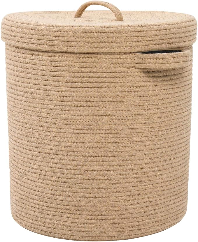 16" x 16" x 18" Extra Large Storage Basket with Lid, Cotton Rope Storage Baskets, Laundry Hamper, Cloth Bin, for Clothes Towels Blankets Pillows Storage in Living Room, Full Beige with Cover