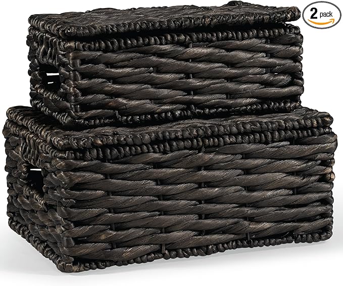 Wicker Basket with Lid - Decorative Storage Boxes for Home Decor, Shelves - Woven Basket with Lid - Wicker Decor - Rattan Box - Decorative Bins with Lids (Black)
