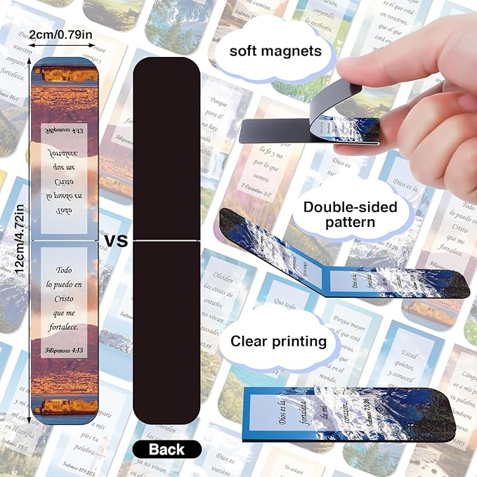 Spanish Christian Magnetic Bookmark - 30PCS Bible Verse Magnetic Bookmarks Scripture Scenery Book Marks Inspirational Religious Book Mark Magnets Page Marker Clip for Students Teacher Reading
