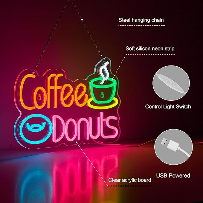 Coffee and Donuts Neon Sign for Wall Décor Dimmable LED Neon Light USB Powered Neon Art Signs Decor