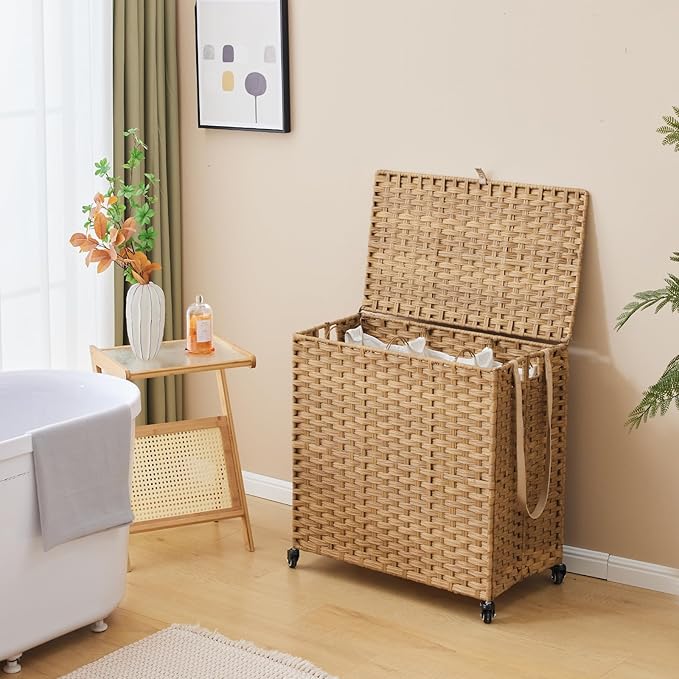 Laundry Hamper with Wheels, 39.6 Gallon(150L) Rolling Laundry Basket with Lid, 3-Section Rattan Clothes Hamper with 3 Removable Liner & 3 Mesh Bags, Laundry Sorter with Side Pocket, Natural