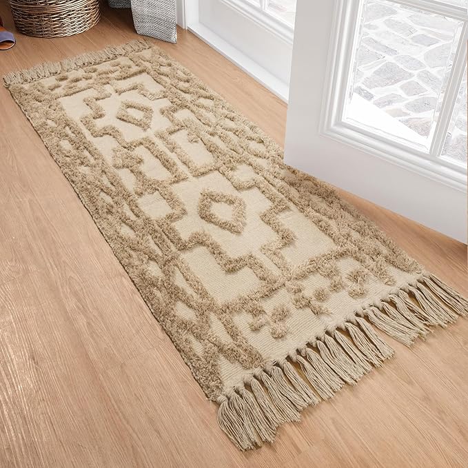 Uphome Kitchen Runner Rug 2' x 4.3', Washable Woven Cotton Bathroom Rug Runners, Khaki Geometric Tufted Entryway Runner Rugs, Bohemian Tribal Throw Rugs for Laundry Room Porch Bedroom