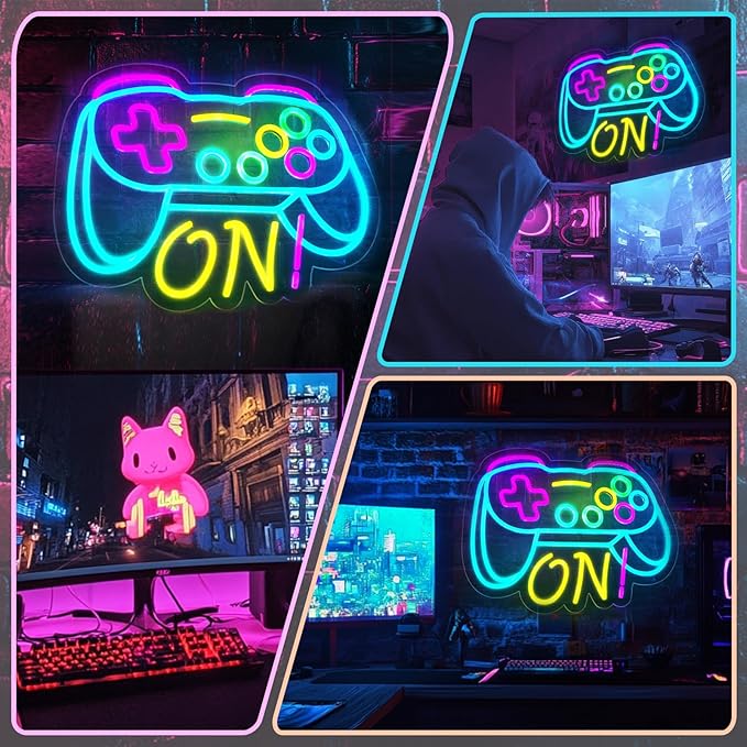Gamer Neon Sign for Boys Gaming Room Bedroom Wall Decor, Gifts for Teen Kids, Video Game LED Light for Men, Gamepad Shaped Dimmable USB Powered Neon Lamp Game Room Accessories (16 X 12.5 inches)