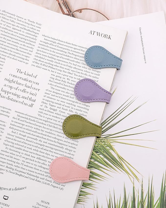 Leather Magnetic Bookmarks, 4Pcs Dark Morandi Magnet Book Mark Clips Gift for Women, Kids, Reading Book Lovers, Teacher Gift for School Office Home Supplies Father's Day Gift (Blue+Green+Purple+Pink)
