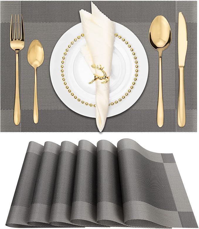 Winknowl Placemats for Dining Table Set of 6 Waterproof, Woven Place Mats for Kitchen Table Vinyl Heat Insulation Stain Resistant Placemats (Gray)