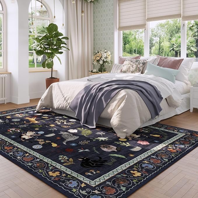 Living Room Rug 5x7 Rug Machine Washable Boho Area Rug Non Slip Floral Animal Cat Vintage Low Pile Large Rugs for Living Room Bedroom Farmhouse Dining Room Kids Playroom, Cobalt Blue