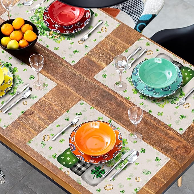 Giwawa 12"x18" Patrick Vases Placemats Set of 4 Lucky Shamrocks Horseshoes Mason Jars Place Mat Spring Clovers Leaf Elf Hat Washable Linen Table Mats for Party Kitchen Dining Holiday Decor