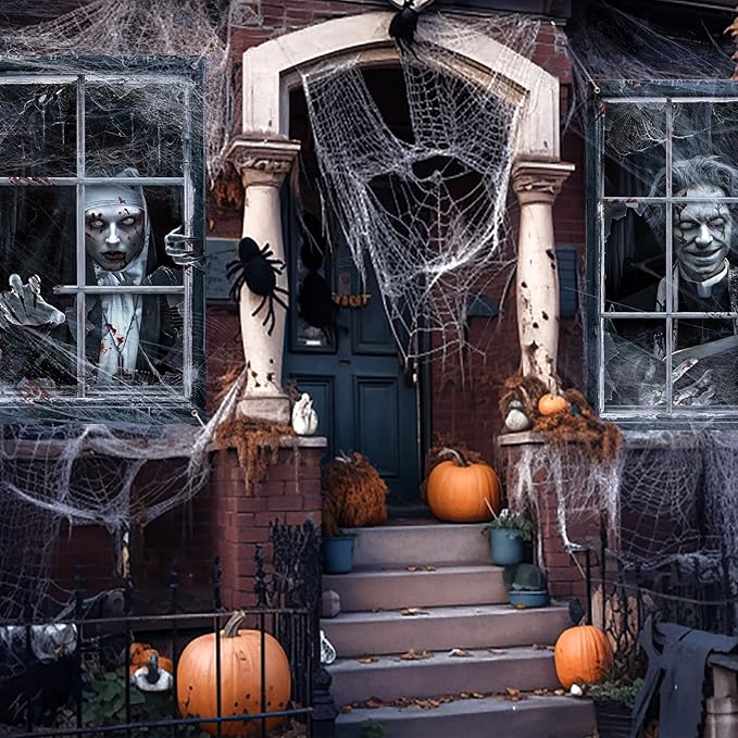 2 Pcs Halloween Scary Curtain Halloween Window Silhouette Decoration Blood Ghost Window Cover Horror Theme Poster for Indoor Outdoor Party Wall Garage Door Decor(Zombies and Ghost)