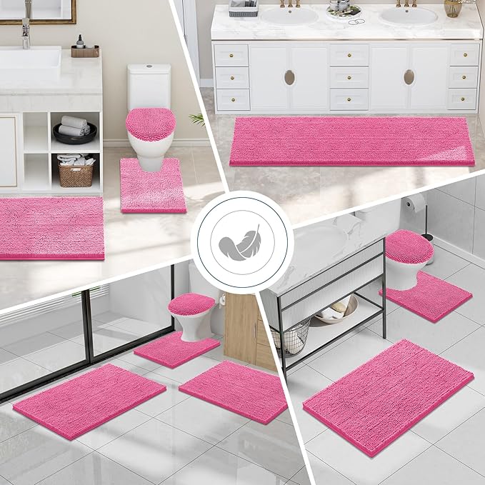 Smiry Luxury Chenille Bathroom Rugs 59x24, Extra Soft and Absorbent Shaggy Bath Mat, Machine Washable, Non-Slip Plush Carpet Runner for Tub, Shower, and Floor, Home Decor Accessories, Hot Pink