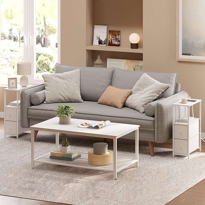 TUTOTAK Small Narrow End Table with Charging Station, Set of 2, Side Table with Outlets, Nightstand with 2 Cloth Drawers, Couch Table, for Living Room, Bedroom, Bedside, White TB01BW055