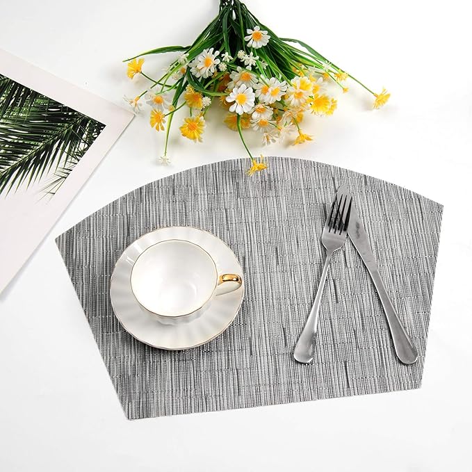 SHACOS Small Round Table Placemats Set of 4 Wedge Placemats Heat Resistant Woven Vinyl Table Mats Wipe Clean (4, Silver Gray)