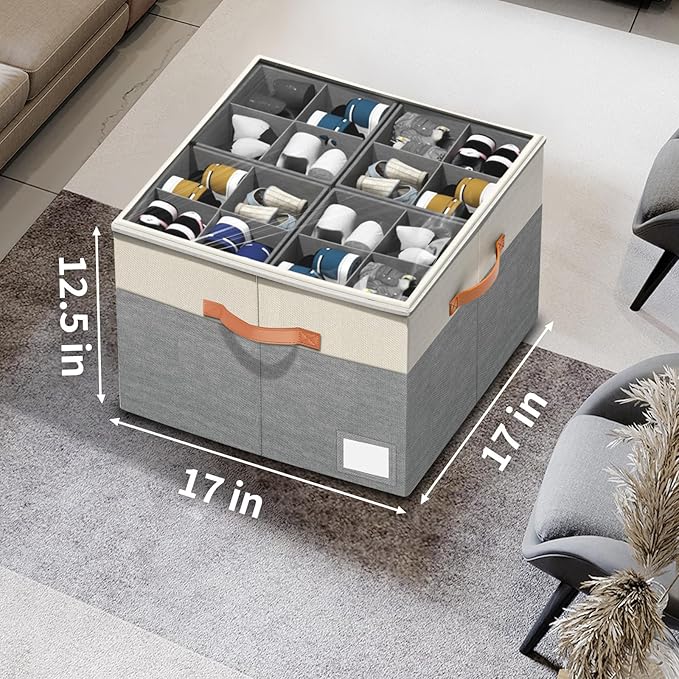 Aokeyee Shoe Organizer for Closet,2 Pack Foldable Shoe Storage Organizer Box Bin with Adjustable Dividers and Clear Cover, Fits up to 16-32 Pairs (Beige and Grey)