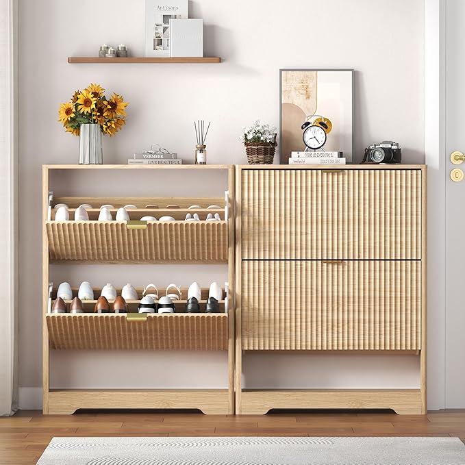 Shoe Cabinet Storage for Entryway with 2 Flip Drawers, Oak Fluted Shoe Cabinet with Open Storage, Wooden Hidden Shoe Rack Freestanding Narrow Slim Shoes Organizer for Hallway, Entrance