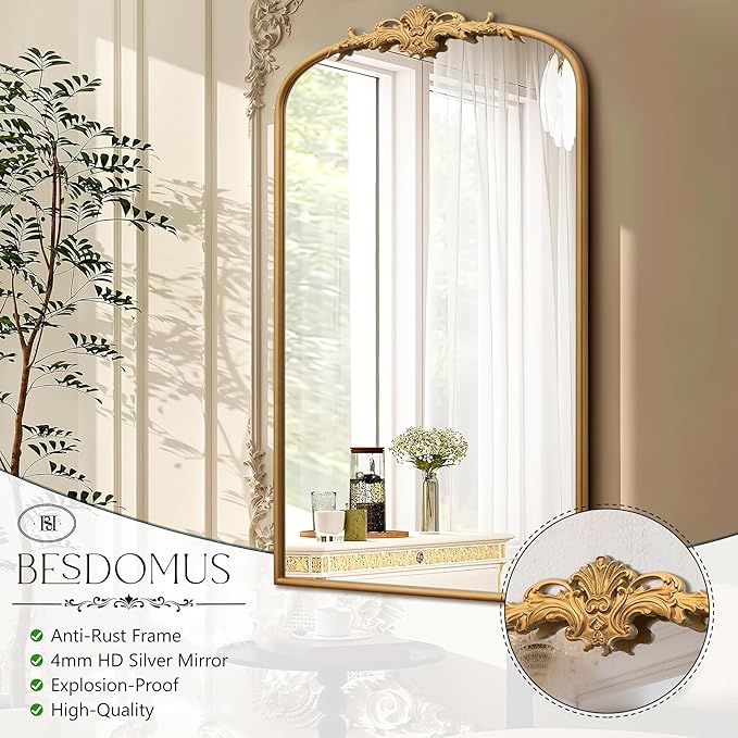 Antique Baroque Arched Mirror: 24"x42" Gold Vintage Wall Mounted Mirror - Traditional Ornate Metal Frame - Ideal for Entryway/Living Room/Hallway/Bathroom