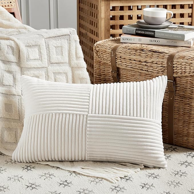 Fancy Homi 2 Packs Cream White Lumbar Decorative Throw Pillow Covers 20x28 Inch for Couch Bed Sofa, Rustic Farmhouse Boho Home Decor, Soft Striped Corduroy Rectangle Accent Cushion Case 50x70 cm