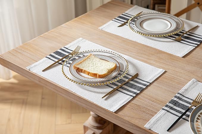 Placemats Set of 6 for Dining Table, Woven Cloth Place Mats for Kitchen Tabletop Décor, Handcrafted Machine Washable Cotton Table mats 13 x 19 Inch, Black and Beige