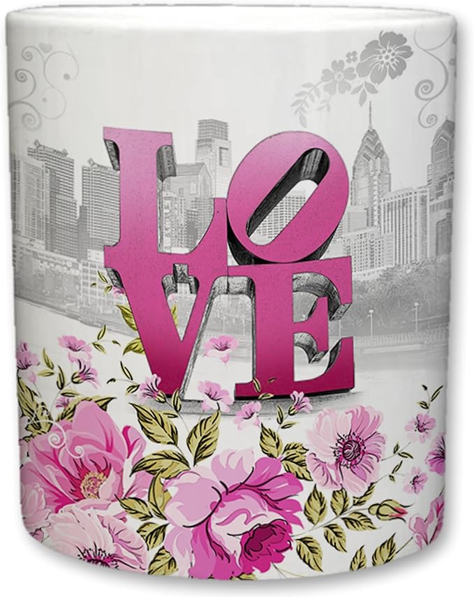 City of Philadelphia Inspired Mug | Ceramic Coffee Cup | Downtown Skyline Background | Liberty Bell & Love Park | Pink Floral | Philly XOXO | Novelty Gift | 11 Fl. Oz (White/Pink)