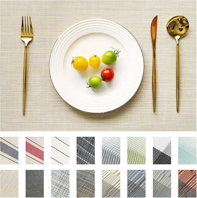 Placemats Set of 6 Vinyl/Plastic Woven Place Mats for Kitchen Table Indoor/Outdoor Washable Placemat Wipeable Dining Table Mats (Beige,6)
