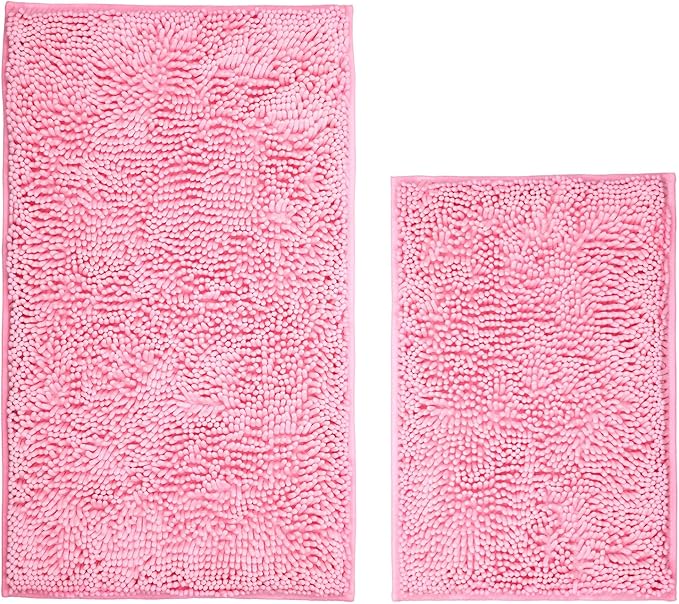 Bathroom Rugs Sets 2 Piece Washable, Luxury ,Chenille Bath Mat Set, Soft Plush Anti-Slip Rectangular Bath, Rug Super Absorbent. (Pink, 32"x20"+24"x16")