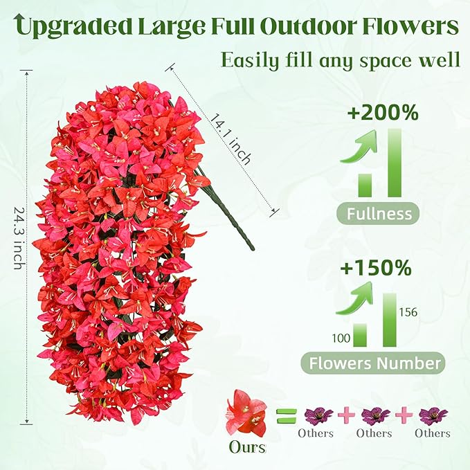 4 Pcs UV Resistant Artificial Flowers for Outdoors, Realistic Faux Silk Bougainvillea Flowers, Fake Hanging Plants for Porch Patio Balcony Decoration (Rose red & Red)