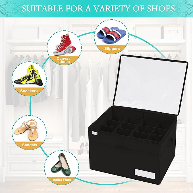 Shoe Storage Organizer, Fits 16 Pairs, Large Shoe Organizer Box for Closet, Clear Foldable Shoes Containers w/Bottom Support, Space Saving Shoe Cubby Storage Boxes w/Reinforced Handles, Black