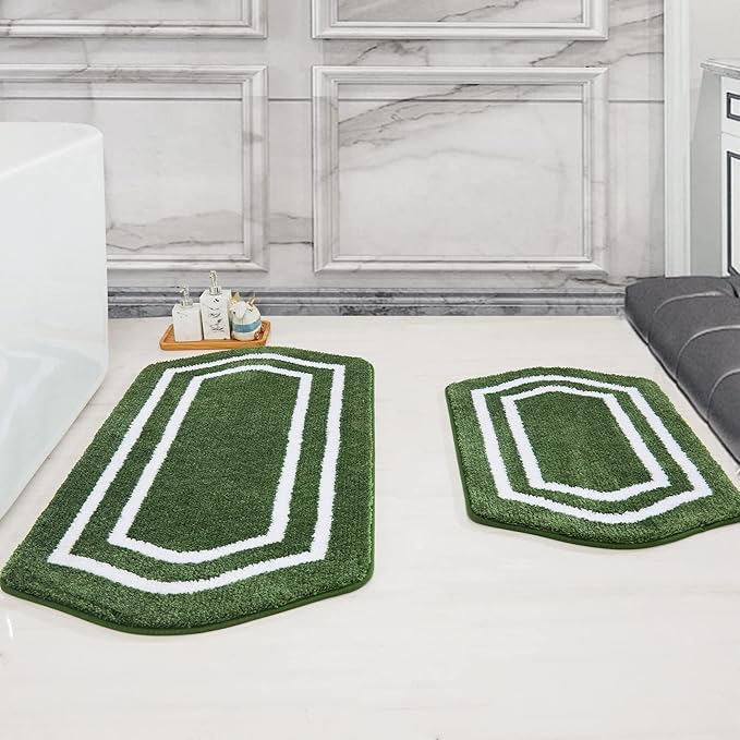 COSY HOMEER Extra Thick Bath Rugs Set - Anti-Slip Bath Linen Sets Mats Soft Plush 100% Strong Polyester Living Room Bathroom Water Absorbent(Green,24x48+20×32 - Inches)